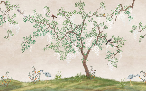Flowering,Tree,In,The,Japanese,Garden,With,Birds.,Fresco,,Wallpaper