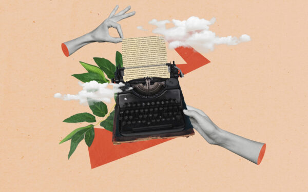Collage,Creative,Picture,Of,Hands,Holding,Mechanical,Retro,Keyboard,Journalist