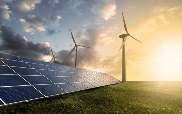 Lush,Green,Field,Adorned,With,Solar,Panels,And,Wind,Turbines